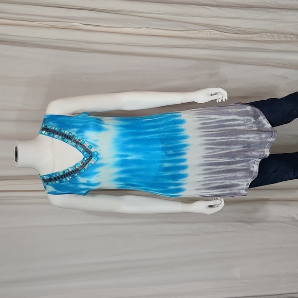 $5☃️Belldini Boho Turquoise, White, Gray Tie Dye Small Sleeveless Tunic - Picture 1 of 12